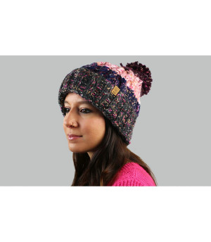 Bommel Mütze gestreift rosa grau Sandy Beanie dark heather